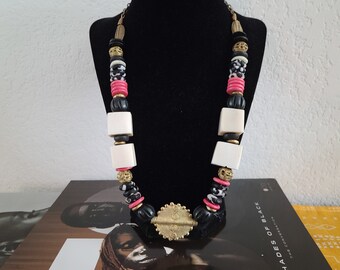Chunky African Bead Necklace, Bone, Glass, Brass, Wood