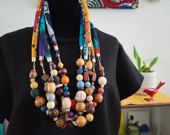 Long Fabric Rope and Colorful Bead Necklace, African Print Rope Necklace, Statement Necklace