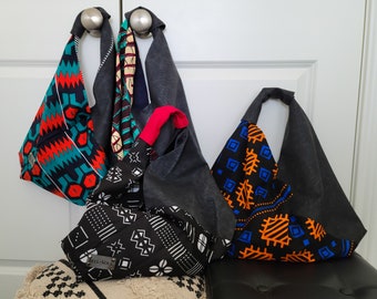 Two Toned Faux Leather Origami Bag, African Fabric Tote Bag, Origami Market Bag