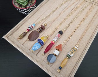 Long Stacked Bead Pendant Necklace | Mixed Media Charm | Layering Necklace