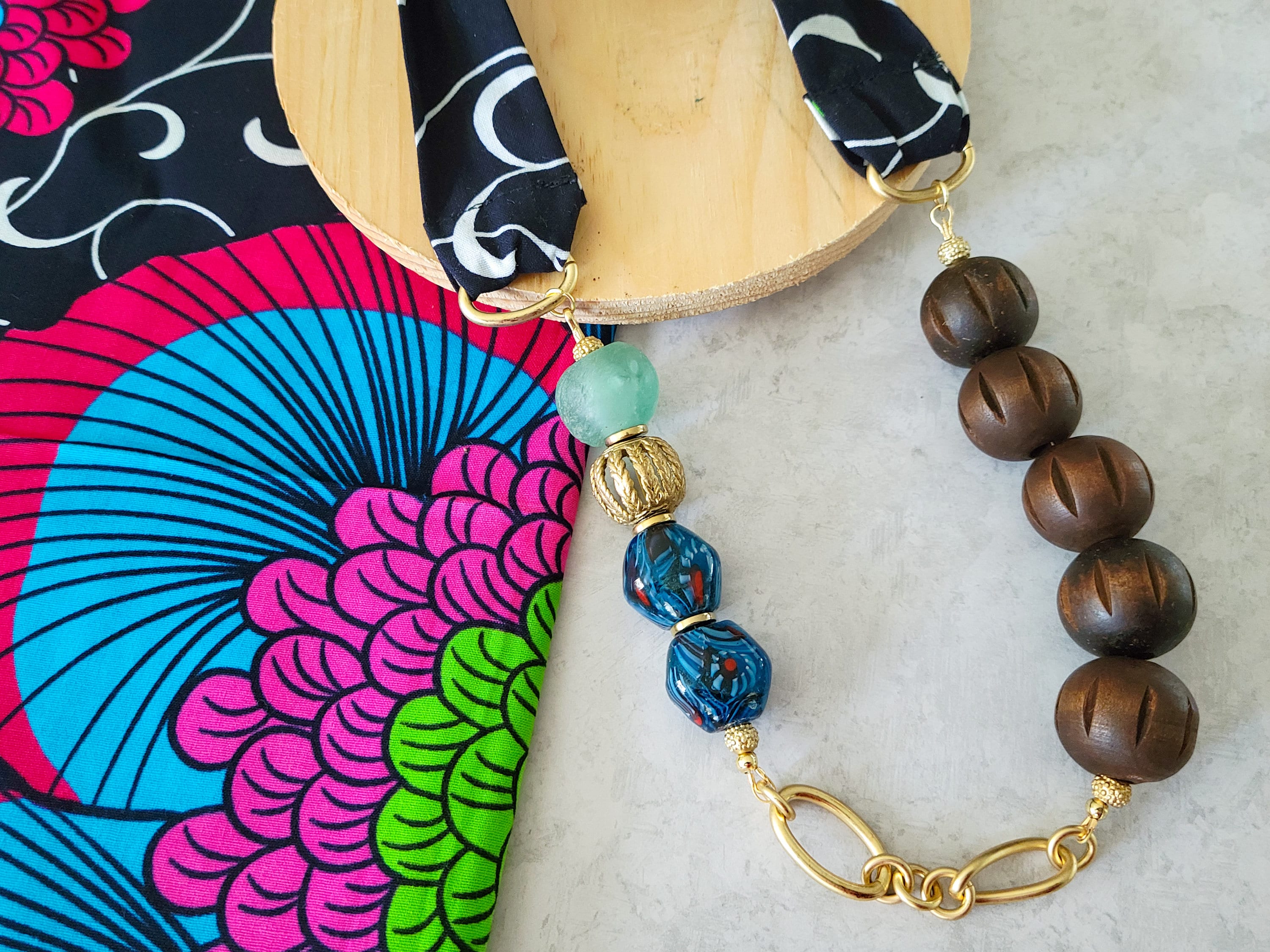 African Glass and Wood Bead Necklace With Fabric Ribbon Tie