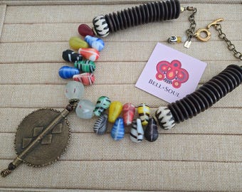 Mali Wedding Bead and Sun Baule Necklace | Large Brass Pendant Statement Necklace