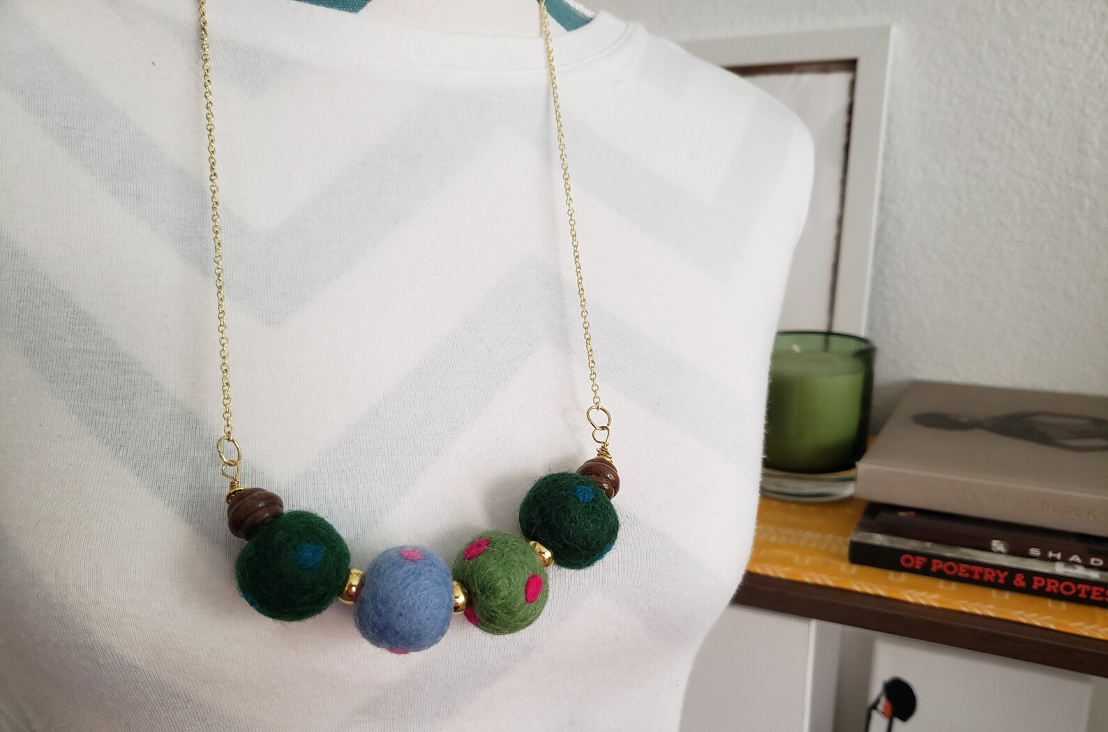 Quirky Felt and Wood Bead Necklace. Felt Ball Necklace. Fun Etsy