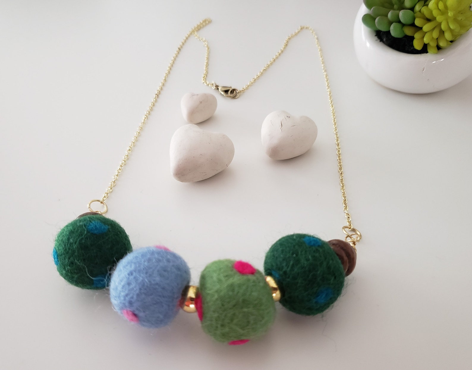 Quirky Felt and Wood Bead Necklace. Felt Ball Necklace. Fun Etsy