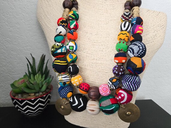 African Print Fabric-Wrapped Necklace | Two Strand Wood Bead Jewelry | Brass Infinity Spiral Pendant