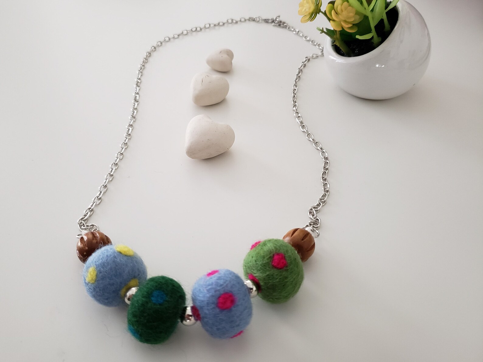 Quirky Felt and Wood Bead Necklace. Felt Ball Necklace. Fun Etsy