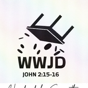 May include: Black and white graphic design of a chair falling over with the words "WWJD" and "JOHN 2:15-16" below. The background is a rainbow gradient with wavy lines.