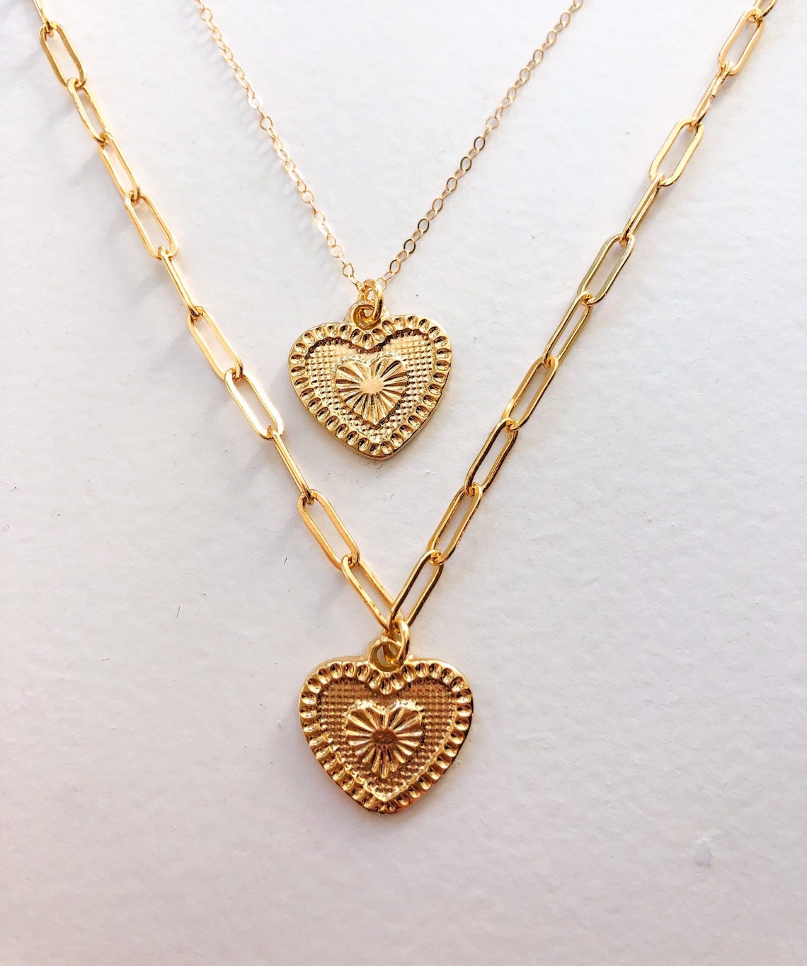 Gold Detailed Heart Necklaces //paperclip and Plain Chain Etsy UK
