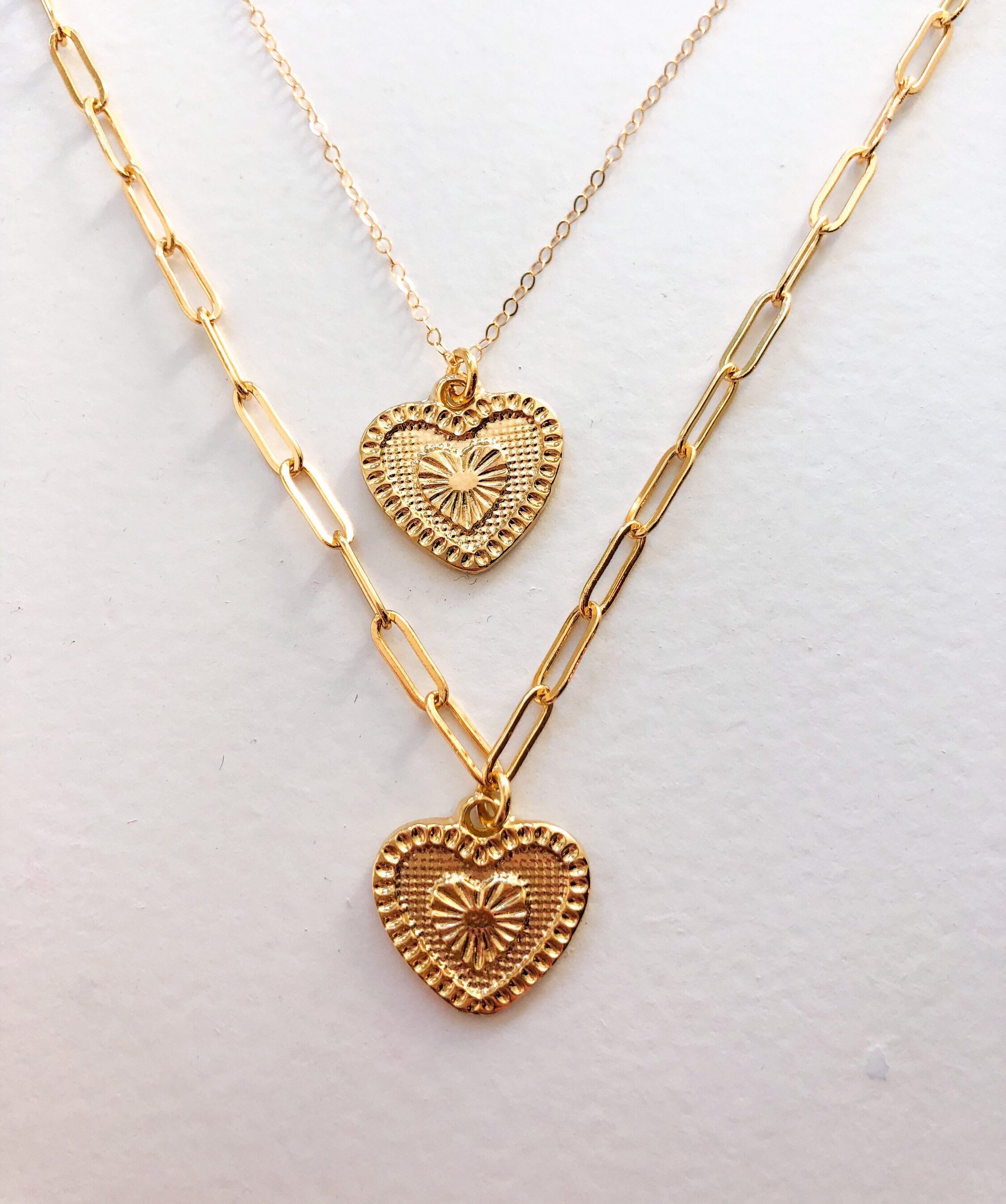Gold Detailed Heart Necklaces //paperclip and Plain Chain Etsy UK