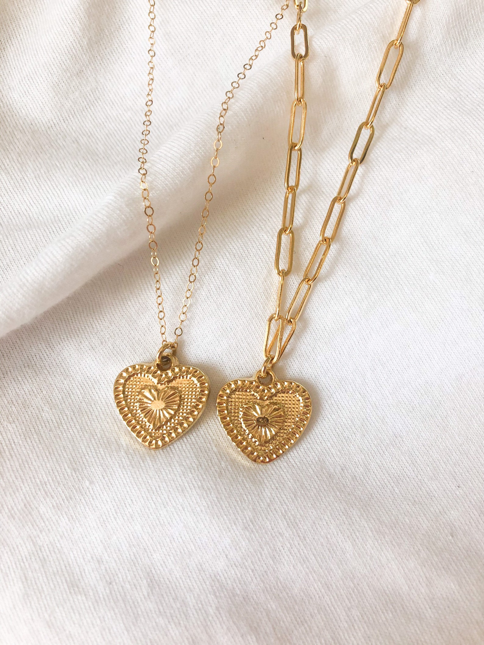 Gold Detailed Heart Necklaces //paperclip and Plain Chain Etsy UK