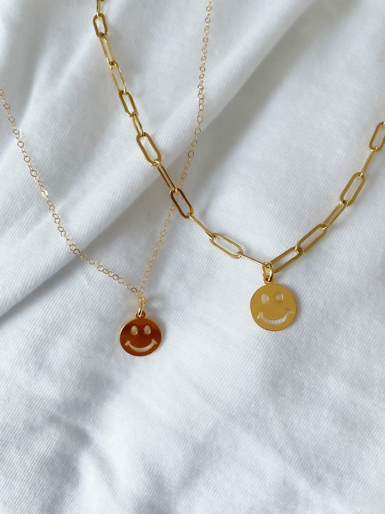 gold smiley face necklaces // paperclip and plain chain 