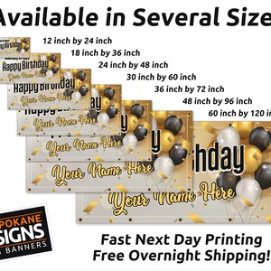 May include: A customizable Happy Birthday banner with gold and black balloons and confetti on a light beige background. The banner is available in several sizes, from 12 inches by 24 inches to 60 inches by 120 inches. The text on the banner reads "Happy Birthday" and "Your Name Here".