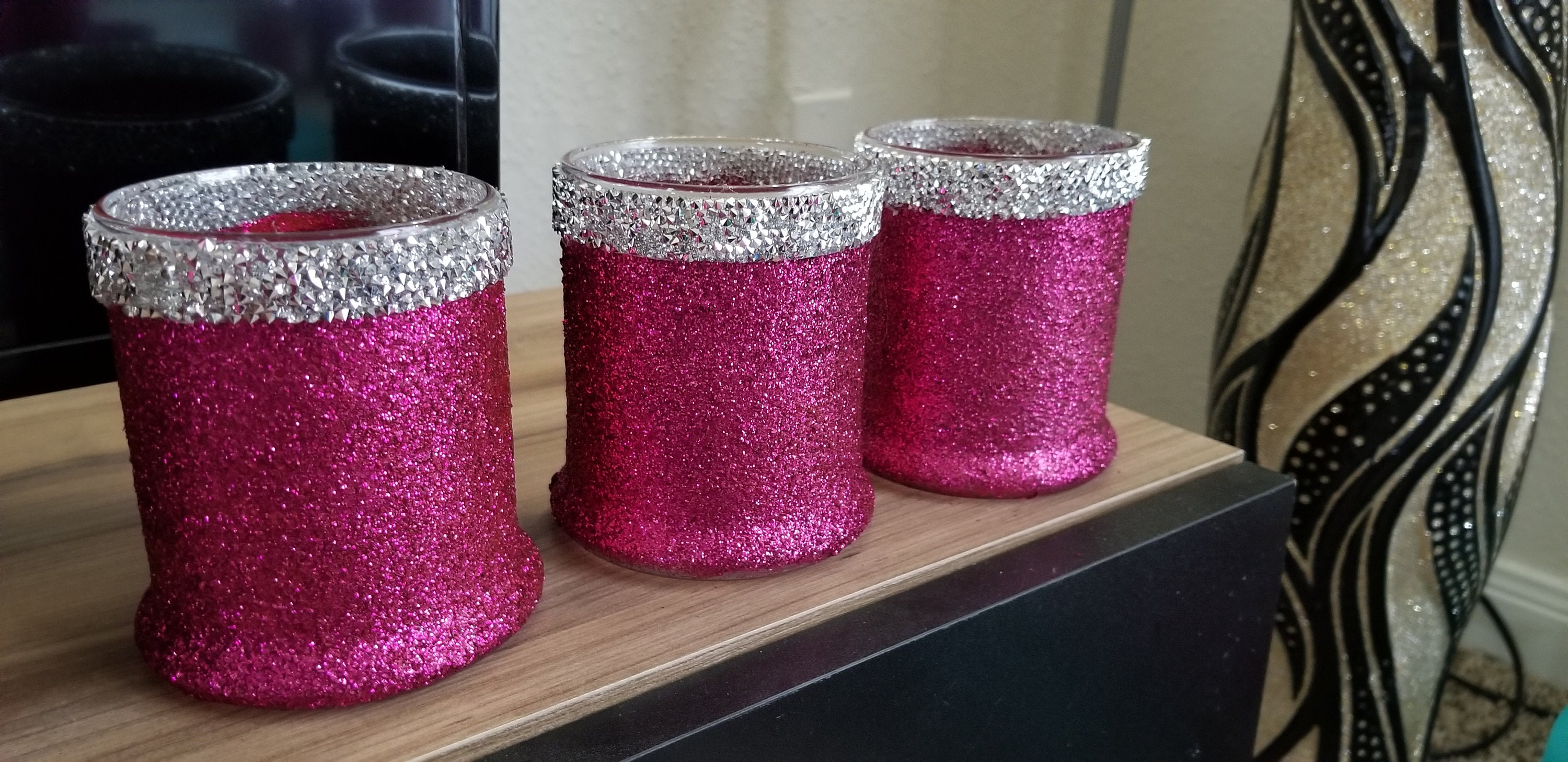 Set of 3 pink votive candle holders. Gift for momglitter Etsy