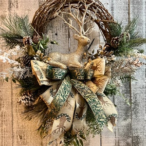 Oh Deer!, Elegant gold wreath, front door wreath, deer wreath, Christmas wreath, large bow, Gold, green, grapevine wreath
