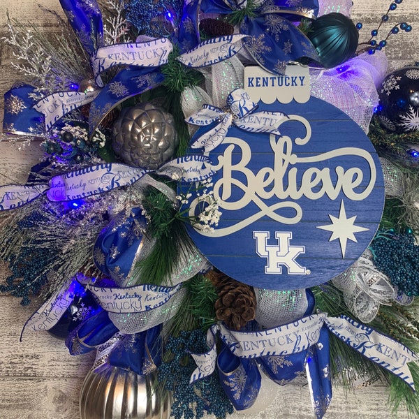 University of Kentucky front door wreath hanger UK Big Blue elegant pinecone Grapevine Christmas “Believe” multiple UK Ribbon choices