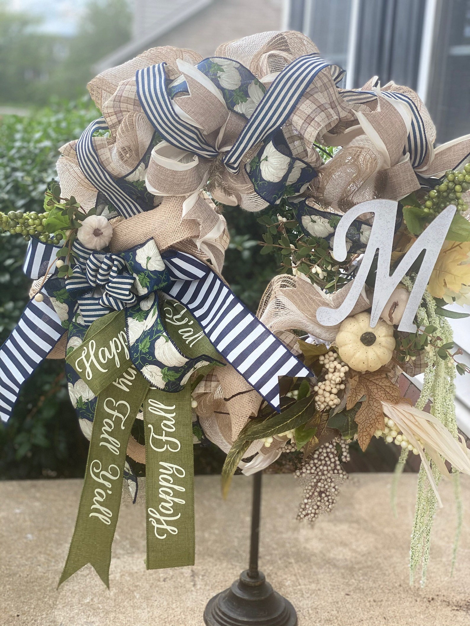 Fall Harvest Yall Elegant Wreath Bluegreen& Natural Mesh Etsy