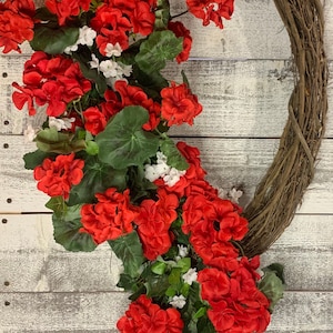 Customize it Geranium Wreath Elegant, front door bright red grapevine Spring, farmhouse Read listing