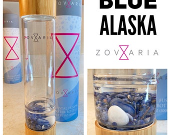 Crystal Fusion Water Bottle from Zovaria with Sodalite, Blue Agate, Snow Quartz.