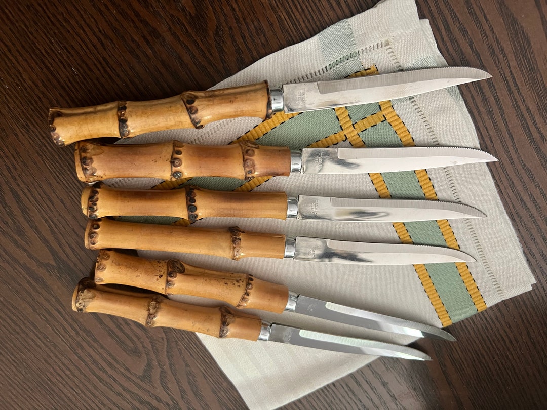 Vintage Bamboo Handle Knife Set Etsy