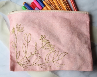 Embroidered Golden Flowers Make Up Pouch | Pencil Pouch | Custom Embroidery | Gifts for Her