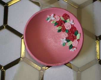 Pink Floral Ring Dish | Polymer Clay Trinket dish