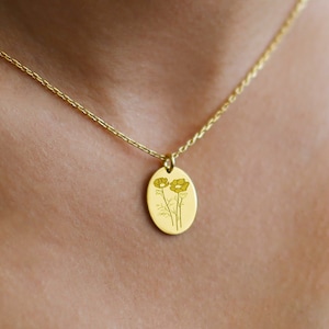 Poppy gold necklace, Wildflower necklace, 14K Solid gold disc necklace, Signet necklaces, Flower pendant, Necklaces for women, Poppy pendant