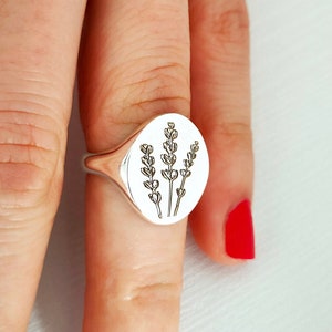 Floral Engraved Lavender Signet Ring: Solid Gold or Sterling Silver