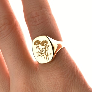 Poppy Ring, Birth Flower Ring, Silver Thumb Rings for Women, Silver Signet Ring, Pinky Ring, August Birthday Gift, California Poppy Flower