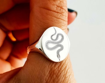 Engraved Serpent Signet Ring: Solid Sterling Silver, Gold, or Rose Gold