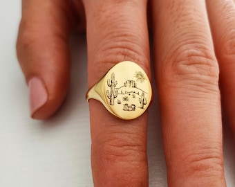 Arizona Valley Of The Sun, Silver Signet Ring, Cactus Ring, Desert Ring, Custom Engraved Ring, Monument Valley, Arizona Cactus, Gold ring