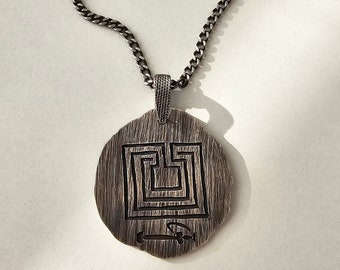 Minotaur Labyrinth Necklace, Medallion Labyrinth Necklace, Mythological Necklace, Labyrinth Pendant, Ancient Coin Necklace, Maze Necklace