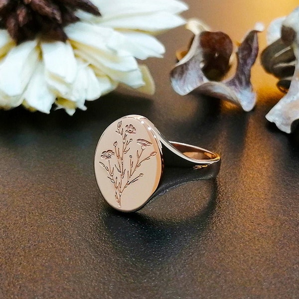 Wildflower ring, Signet ring, Custom engraved ring, Silver signet ring, Flower signet ring, Floral signet ring, Solid gold ring, Pinky ring