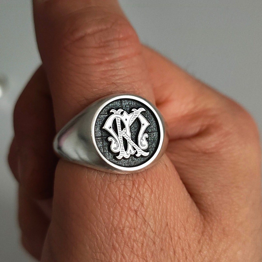 2 Letter Interlocking Monogram Ring, Silver Men's Initial Ring, Two
