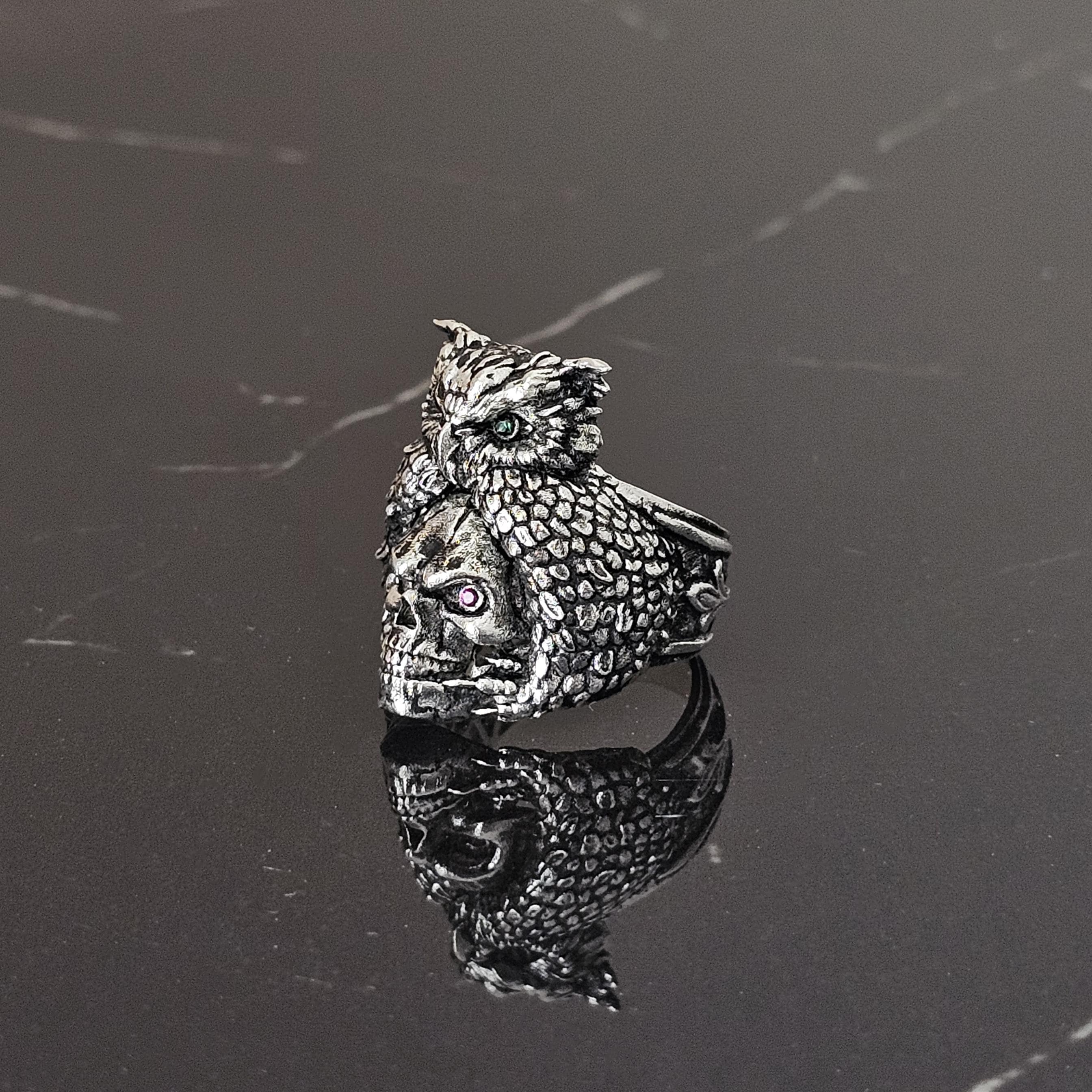 Oxidized Sterling Silver Owl Skull Ring: Gothic Totem Jewelry