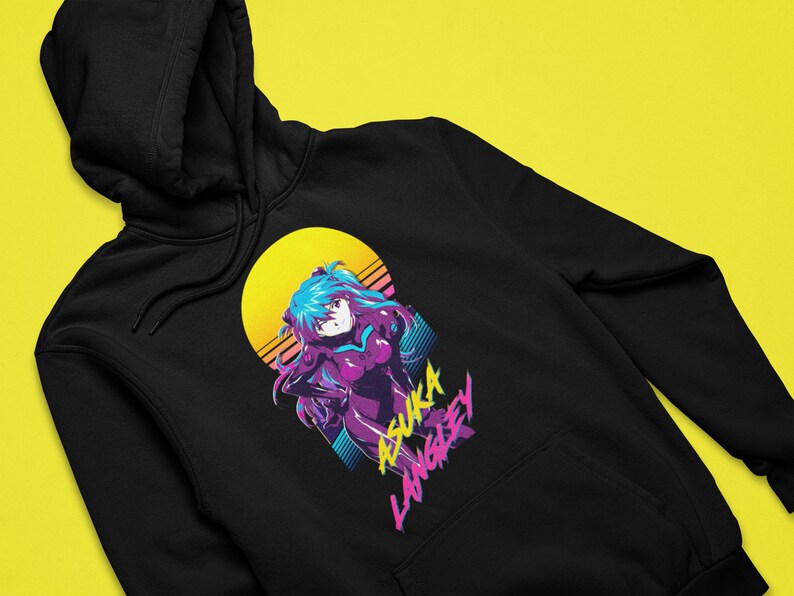 asuka langley vaporwave hoodie anime sweatshirt evangelion hoodie neon  genesis evangelion ästhetische kleidung manga shinji rei misato