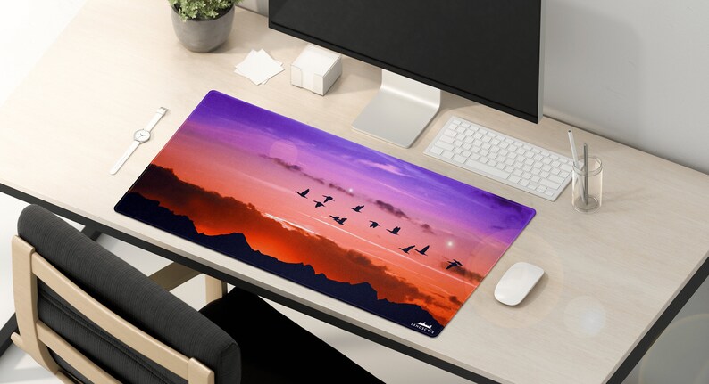 LIMITED DEAL Large Mouse Pad High Quality Desk Mat Unique Design Beautiful Pink Sky with Mountain Flying Birds, Lxndscxpe image 2