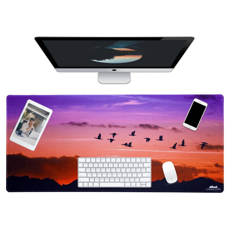 LIMITED DEAL Large Mouse Pad High Quality Desk Mat Unique Design Beautiful Pink Sky with Mountain Flying Birds, Lxndscxpe image 1