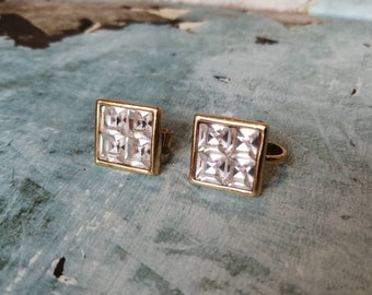 Vintage square diamanté gold tone clip-on earrings