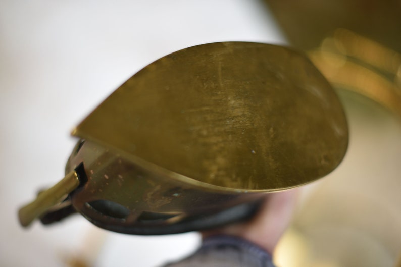 Antique 1920s vintage Brass Coal Iron with Wooden Handle