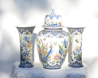 Conjunto de jarrones de urna Boch Frères vintage: decoración floral policromada