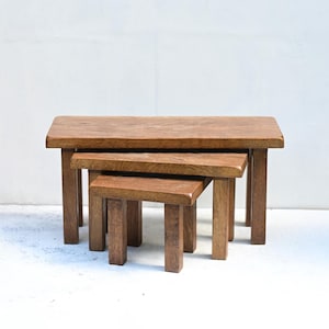 Vintage Heavy Solid Oak Nesting Tables – Set of 3, Rustic Minimalist Side Tables, Handcrafted Hardwood Furniture.