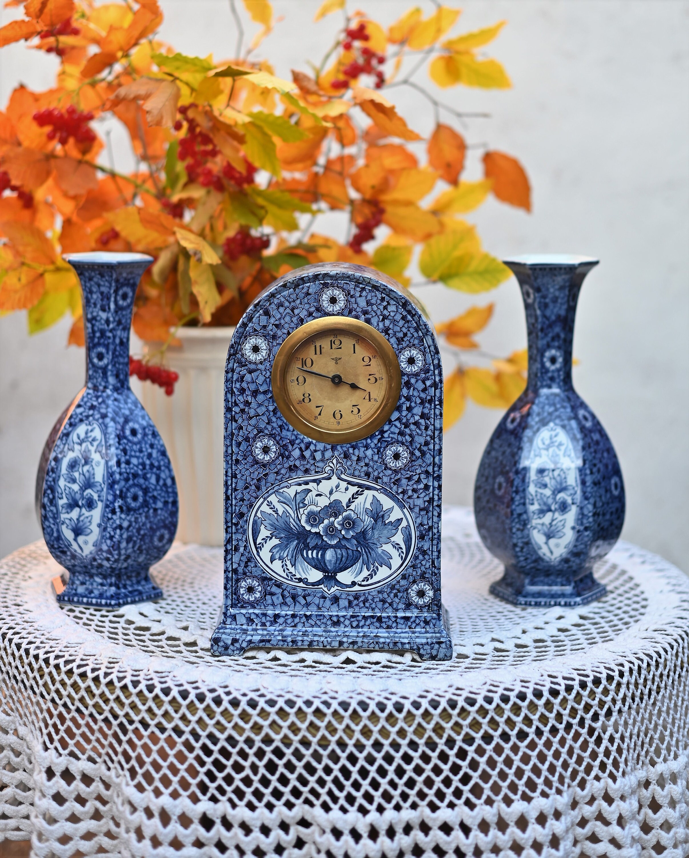 Antique Petrus Regout Royal Sphinx Clock Set: Holland Castillo