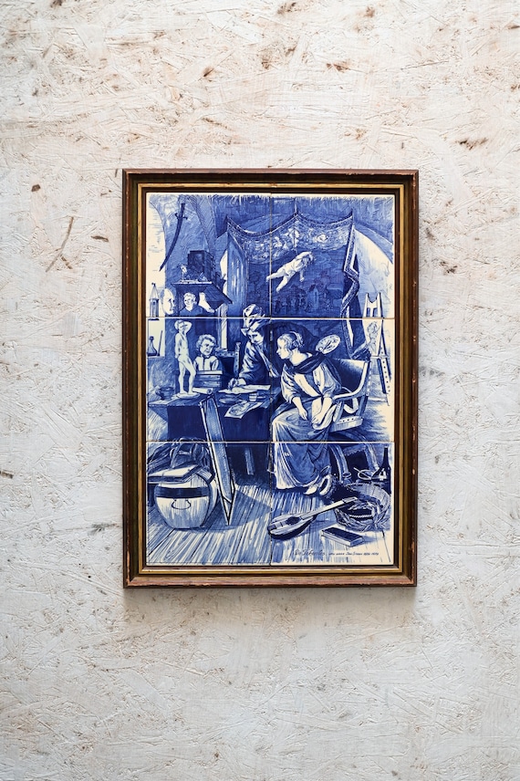 フランスアートパネル Delft Blue, Tile Tableau, 6 Tile Framed Tableau, Jan Steen 