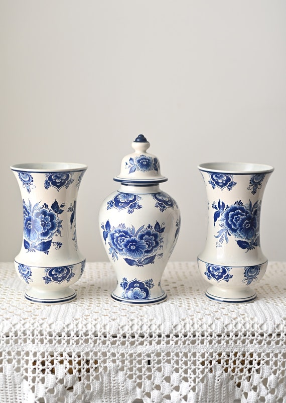 ヴィンテージ デルフト ブルー、非常に珍しい花瓶 3 個セット - 手描き