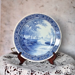 Vintage Delft Blue and White plate, Holland Windmill, Cobalt Blue Transferware.