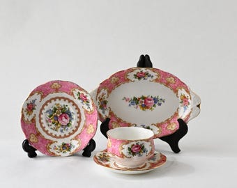 Royal Albert Lady Carlyle Tea Set | 2 Saucers, Bon Bon Bowl & Oval Serving Dish | Vintage Bone China England
