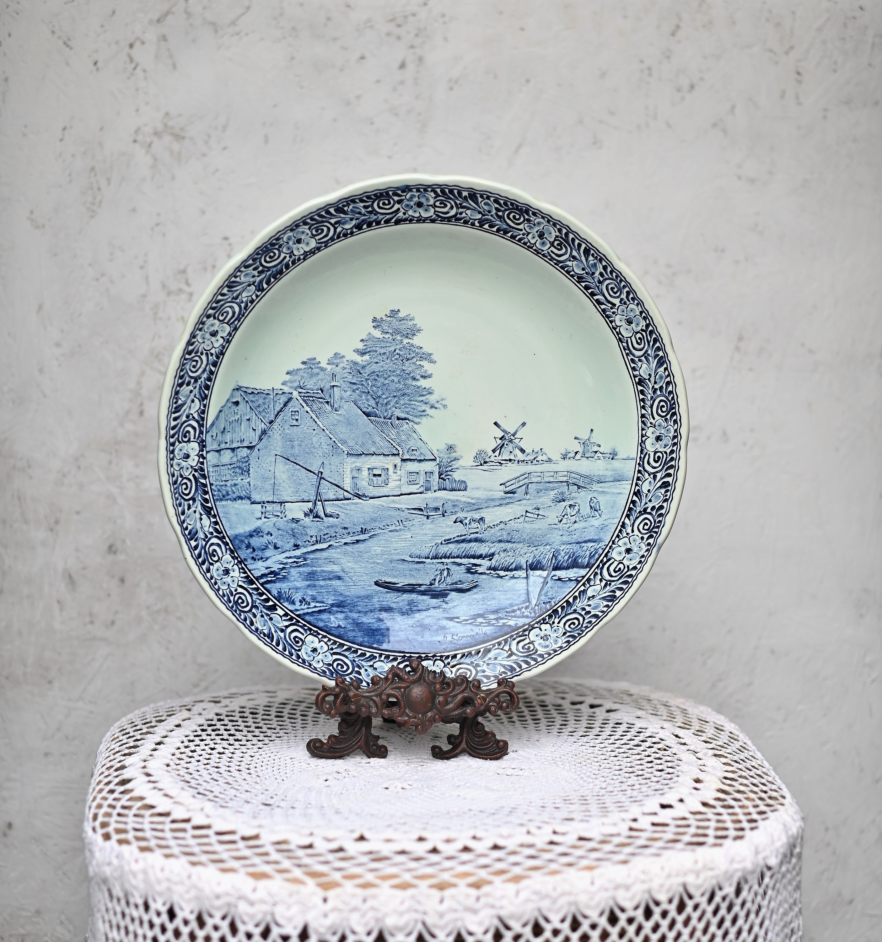 Vintage XXL, Large, Delft Blue Plate: J. Sonneville Landscape