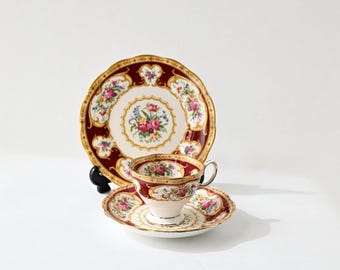 Juego de té Royal Albert Lady Hamilton / Taza, platillo y plato de porcelana fina de tamaño vintage para dama / Diseño floral en oro burdeos / Inglaterra