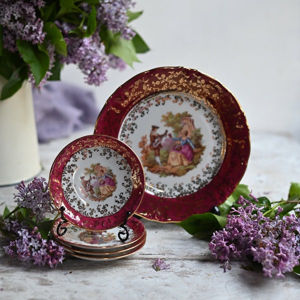 Vintage Bavaria Ceramic, 22 karat gold Bowls Set 5 pieces, handarbeit. Romantisch patroon.