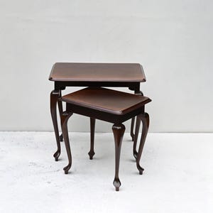 Antique  Set of 2 Nesting Tables, Dark Wood Side Tables, Classic French Style, Hand-Carved Queen Anne Legs.